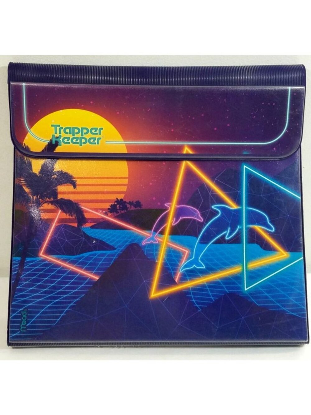 Mead Trapper Keeper Dolphins at Sunset Tropical Neon Geometric Pattern 2000s
